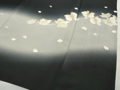 平和屋着物▽訪問着 単衣 総刺繍 枝花文 暈し染め 黒地 ますいわ屋扱い 正絹 逸品 CAAV3762dy