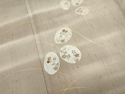 平和屋着物▽訪問着 単衣 紬地 刺繍 草花丸文 金彩 正絹 逸品 CAAV3763dy