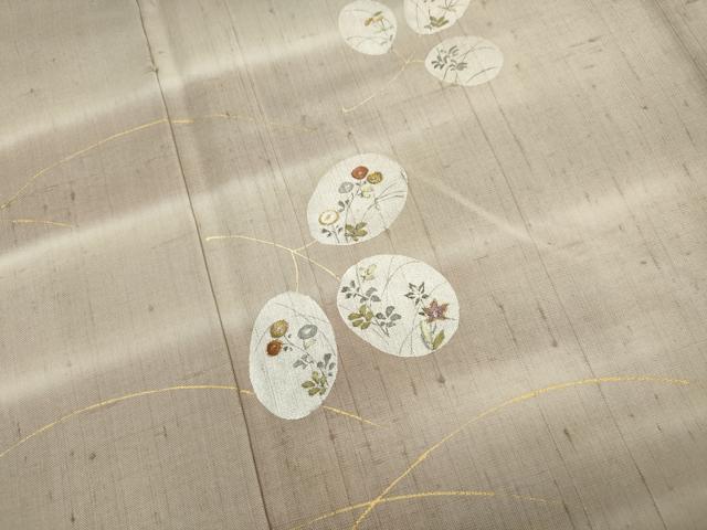 平和屋着物▽訪問着 単衣 紬地 刺繍 草花丸文 金彩 正絹 逸品 CAAV3763dy