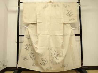 平和屋着物▽訪問着 単衣 生紬 手描き 草花文 正絹 逸品 CAAV3764dy