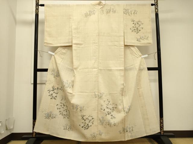 平和屋着物▽訪問着 単衣 生紬 手描き 草花文 正絹 逸品 CAAV3764dy