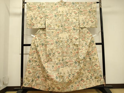 平和屋着物▽上質な小紋 単衣 紬地 手描き 花鳥文 正絹 逸品 CAAV3769dy