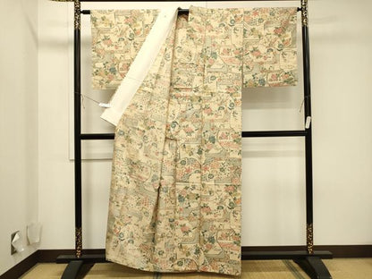 平和屋着物▽上質な小紋 単衣 紬地 手描き 花鳥文 正絹 逸品 CAAV3769dy