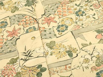 平和屋着物▽上質な小紋 単衣 紬地 手描き 花鳥文 正絹 逸品 CAAV3769dy