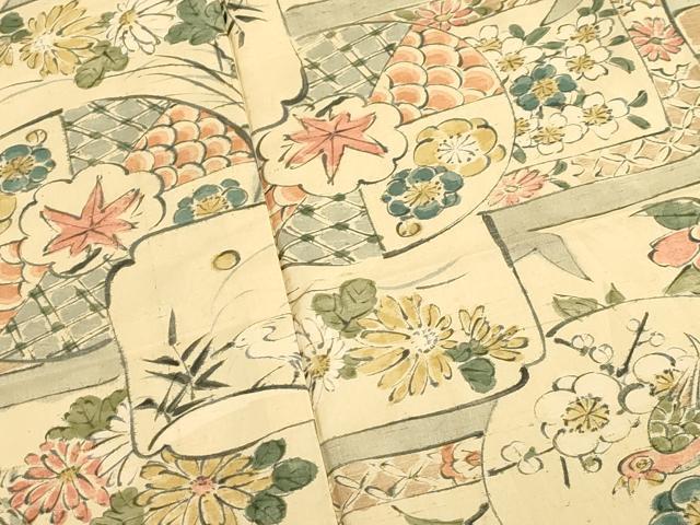 平和屋着物▽上質な小紋 単衣 紬地 手描き 花鳥文 正絹 逸品 CAAV3769dy