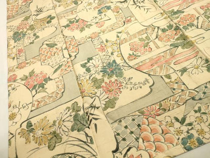平和屋着物▽上質な小紋 単衣 紬地 手描き 花鳥文 正絹 逸品 CAAV3769dy