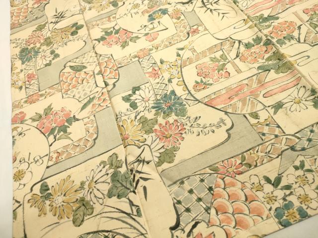 平和屋着物▽上質な小紋 単衣 紬地 手描き 花鳥文 正絹 逸品 CAAV3769dy
