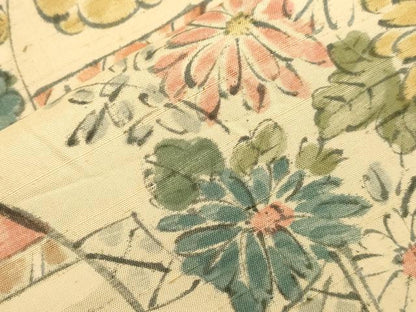 平和屋着物▽上質な小紋 単衣 紬地 手描き 花鳥文 正絹 逸品 CAAV3769dy