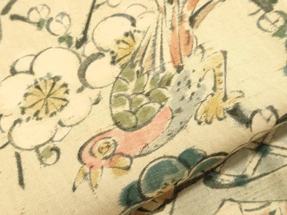 平和屋着物▽上質な小紋 単衣 紬地 手描き 花鳥文 正絹 逸品 CAAV3769dy