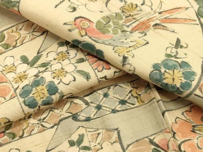 平和屋着物▽上質な小紋 単衣 紬地 手描き 花鳥文 正絹 逸品 CAAV3769dy