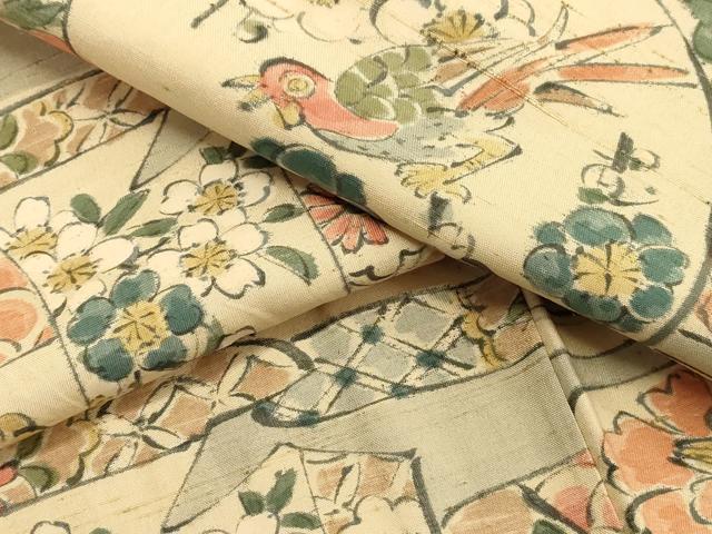平和屋着物▽上質な小紋 単衣 紬地 手描き 花鳥文 正絹 逸品 CAAV3769dy