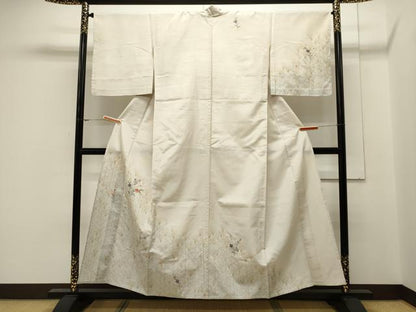 平和屋着物▽訪問着 単衣 紬地 刺繍 草花文 金銀彩 正絹 逸品 CAAV3792dy