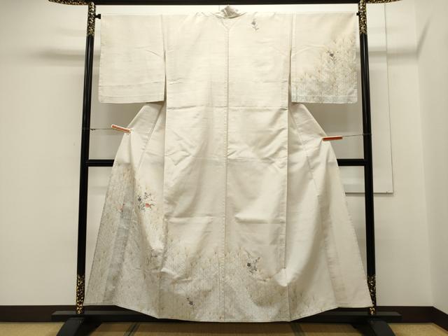 平和屋着物▽訪問着 単衣 紬地 刺繍 草花文 金銀彩 正絹 逸品 CAAV3792dy