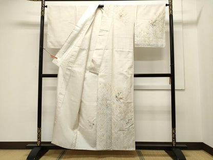 平和屋着物▽訪問着 単衣 紬地 刺繍 草花文 金銀彩 正絹 逸品 CAAV3792dy
