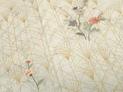 平和屋着物▽訪問着 単衣 紬地 刺繍 草花文 金銀彩 正絹 逸品 CAAV3792dy