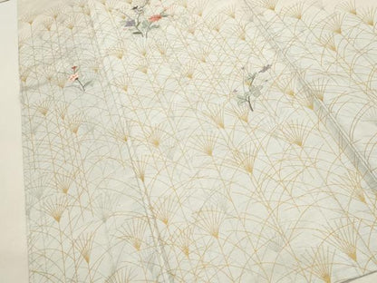平和屋着物▽訪問着 単衣 紬地 刺繍 草花文 金銀彩 正絹 逸品 CAAV3792dy