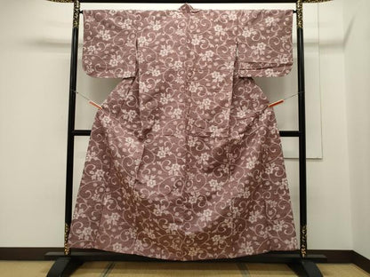 平和屋着物▽上質な紬 単衣 花唐草文 正絹 逸品 CAAV3793dy