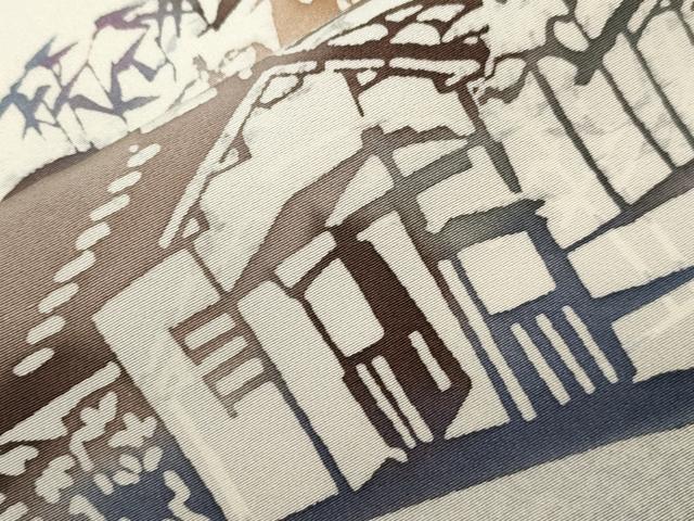 平和屋着物▽訪問着 単衣 作家物 型染め 風景文 たたき染め 正絹 逸品 CAAV3802dy