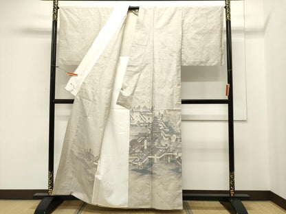 平和屋着物▽本場大島紬 単衣 白大島 色留訪問着 9マルキ 総絣 風景文 正絹 逸品 CAAV3810dy