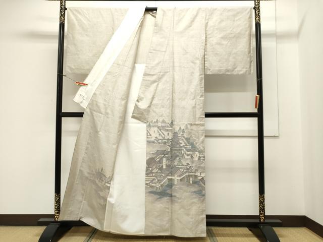 平和屋着物▽本場大島紬 単衣 白大島 色留訪問着 9マルキ 総絣 風景文 正絹 逸品 CAAV3810dy
