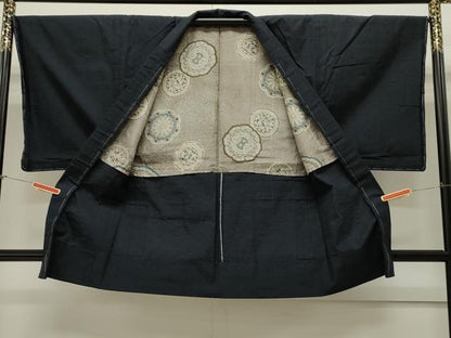 平和屋着物▽男性 紬 単衣 アンサンブル 濃紺地 正絹 逸品 未使用 CAAV3811dy