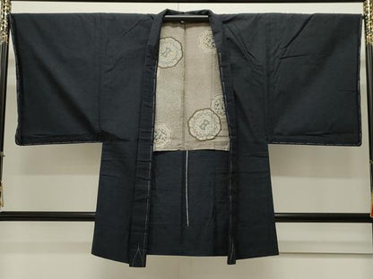 平和屋着物▽男性 紬 単衣 アンサンブル 濃紺地 正絹 逸品 未使用 CAAV3811dy