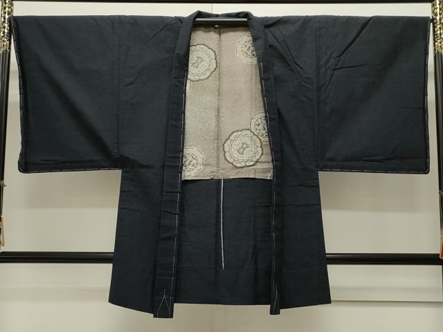 平和屋着物▽男性 紬 単衣 アンサンブル 濃紺地 正絹 逸品 未使用 CAAV3811dy