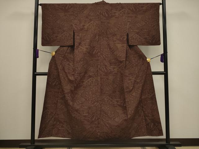 平和屋着物▽結城紬 単衣 80亀甲 風景文 正絹 逸品 CAAV3876dy