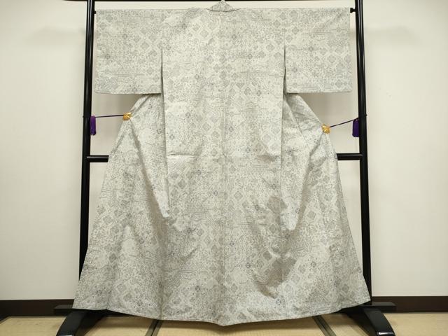 平和屋着物▽上質な紬 単衣 切嵌草花文 正絹 逸品 CAAV3877dy