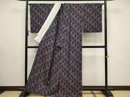 平和屋着物▽上質な紬 単衣 青海波花文 正絹 逸品 CAAV3881dy