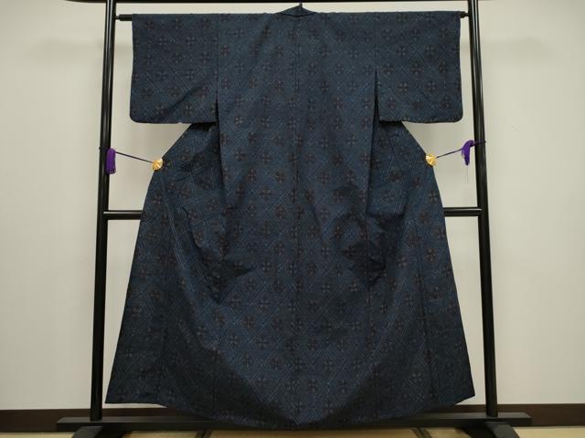 平和屋着物▽上質な紬 単衣 菱花文 正絹 逸品 CAAV3887dy