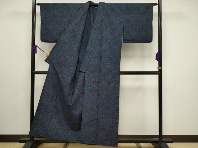 平和屋着物▽上質な紬 単衣 菱花文 正絹 逸品 CAAV3887dy