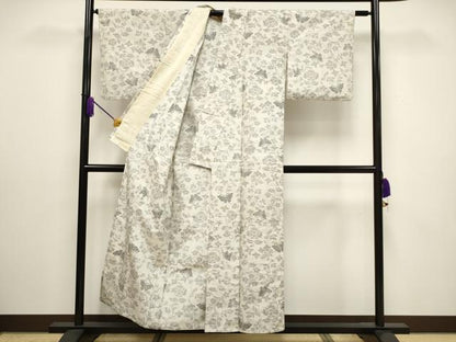 平和屋着物▽上質な紬 単衣 更紗花蝶文 正絹 逸品 CAAV3890dy