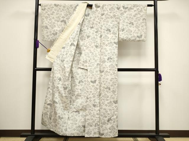 平和屋着物▽上質な紬 単衣 更紗花蝶文 正絹 逸品 CAAV3890dy