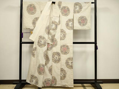 平和屋着物▽上質な紬　単衣　吉祥丸文　正絹　逸品　CAAV3893dy