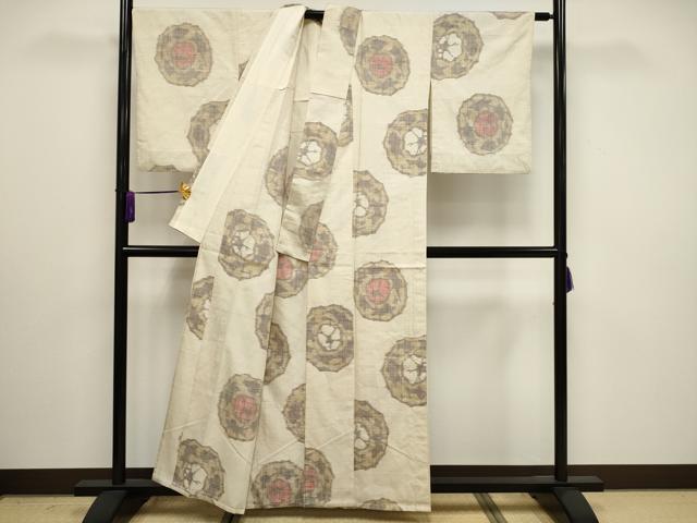 平和屋着物▽上質な紬　単衣　吉祥丸文　正絹　逸品　CAAV3893dy