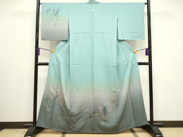 平和屋着物▽訪問着 単衣 総刺繍 草花文 暈し染め 金糸 正絹 逸品 CAAV3894dy