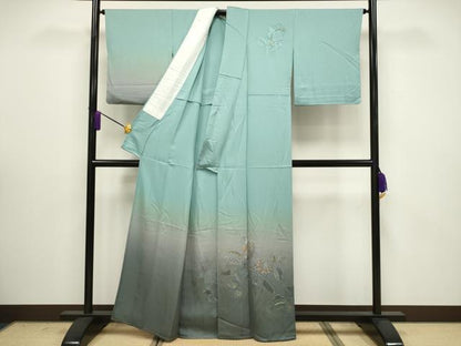 平和屋着物▽訪問着 単衣 総刺繍 草花文 暈し染め 金糸 正絹 逸品 CAAV3894dy