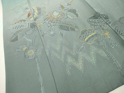 平和屋着物▽訪問着 単衣 総刺繍 草花文 暈し染め 金糸 正絹 逸品 CAAV3894dy