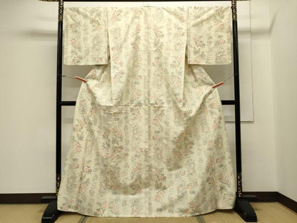 平和屋着物▽上質な紬　単衣　亀甲花鳥文　正絹　逸品　CAAV3897dy
