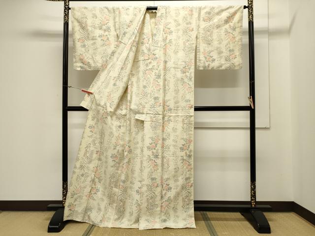 平和屋着物▽上質な紬　単衣　亀甲花鳥文　正絹　逸品　CAAV3897dy