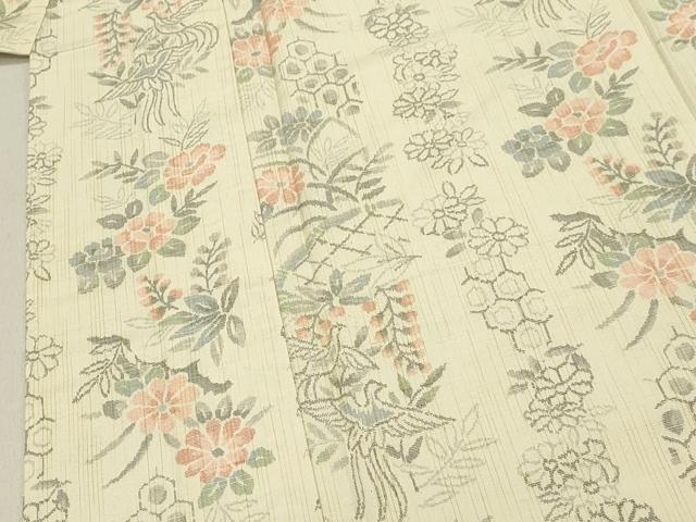 平和屋着物▽上質な紬　単衣　亀甲花鳥文　正絹　逸品　CAAV3897dy