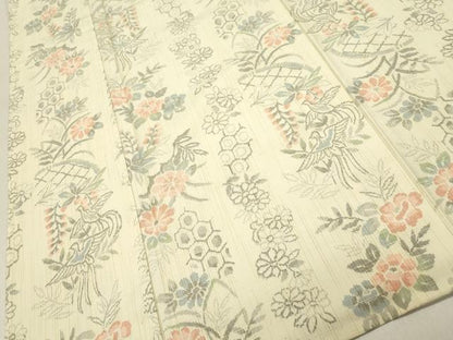 平和屋着物▽上質な紬　単衣　亀甲花鳥文　正絹　逸品　CAAV3897dy
