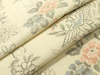 平和屋着物▽上質な紬　単衣　亀甲花鳥文　正絹　逸品　CAAV3897dy
