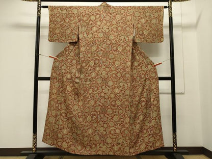 平和屋着物▽上質な小紋 単衣 更紗花文 鬼しぼ縮緬 正絹 逸品 CAAV3904dy