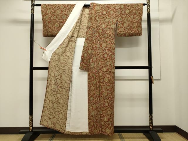 平和屋着物▽上質な小紋 単衣 更紗花文 鬼しぼ縮緬 正絹 逸品 CAAV3904dy