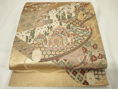 平和屋着物◎六通柄袋帯 唐織 吉祥花鳥文 鶴 金糸 正絹 逸品 CAAV4042in