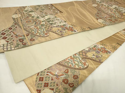 平和屋着物◎六通柄袋帯 唐織 吉祥花鳥文 鶴 金糸 正絹 逸品 CAAV4042in