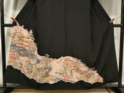 平和屋着物■豪華黒留袖 駒刺繍 風景文 正絹 逸品 CAAV4206in