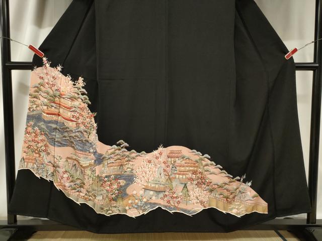 平和屋着物■豪華黒留袖 駒刺繍 風景文 正絹 逸品 CAAV4206in